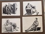 several sketches of people sitting on a couch in a room