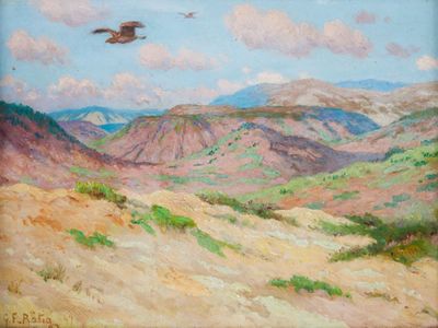 une peinture à l'huile représentant un oiseau survolant une chaîne de montagnes