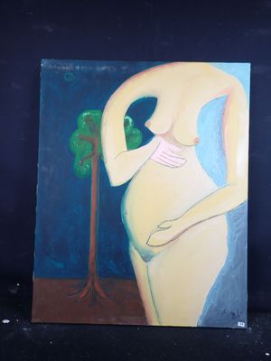 une peinture à l'huile représentant une femme enceinte avec un arbre en arrière-plan