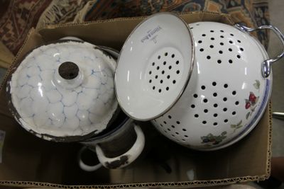 deux casseroles et une poêle dans une boîte posée par terre