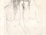 dessin représentant une femme portant un voile sur la tête et regardant son reflet dans un miroir
