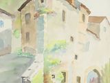 une aquarelle représentant un bâtiment situé sur une colline