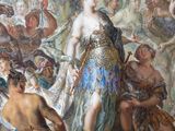 an image of a painting of a woman standing in front of a group of people