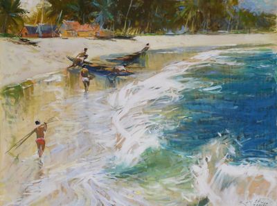 un tableau représentant des personnes marchant sur la plage près de l'eau