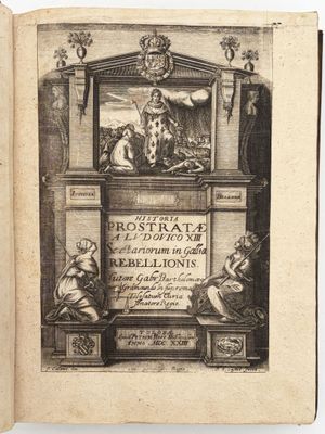 an old book with a drawing of a man sitting on a throne