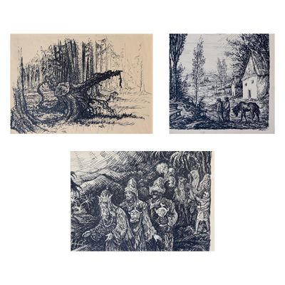 trois dessins représentant un homme et une femme dans un environnement boisé