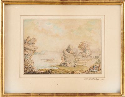 tableau encadré représentant une scène fluviale avec un bateau sur l'eau
