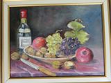 a painting of a bowl of fruit and a bottle of wine