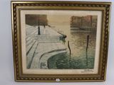 painting of a boat in a body of water next to a dock