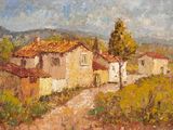 une peinture à l'huile représentant un village avec un chemin de terre au premier plan