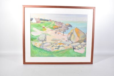 aquarelle encadrée représentant une scène de plage avec des rochers et de l'herbe