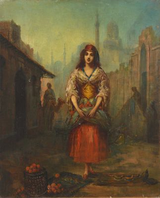 une image représentant un tableau où l'on voit une femme en robe rouge tenant un panier de fruits