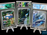 Quatre cartes Pokémon différentes sont exposées dans une vitrine.