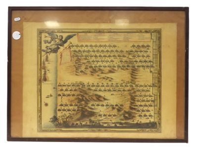 an old chinese painting of a bird flying over a mountain range