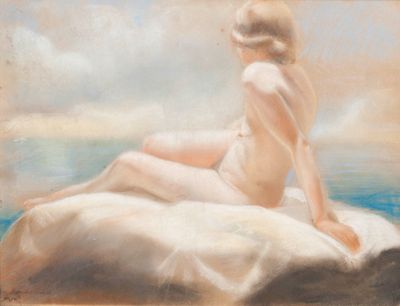 tableau représentant une femme nue assise sur un oreiller à la plage