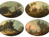 four oval paintings of people and animals in a wooded landscape