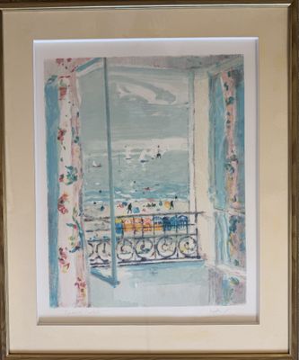 a picture of a painting of a balcony with a view of the ocean