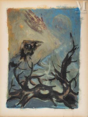une image représentant un tableau où l'on voit un oiseau perché au sommet d'un arbre