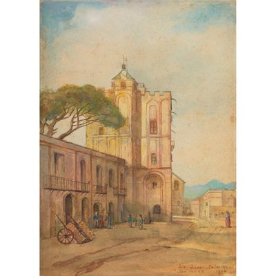 peinture d'une scène de rue avec une église à l'arrière-plan