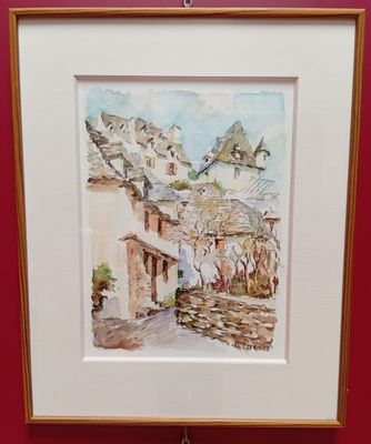 aquarelle encadrée représentant une scène de village, dans un cadre rouge