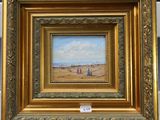 un tableau représentant une scène de plage avec des personnes marchant sur le sable