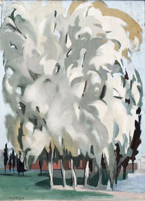 une image représentant un tableau représentant un groupe d'arbres dans un parc