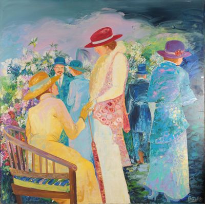 tableau représentant une femme coiffée d'un chapeau rouge et vêtue d'une robe jaune, assise sur un banc