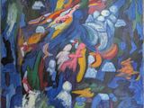 une peinture représentant une peinture d'un groupe de personnes dans une forêt