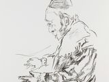 drawing of a man sitting at a table with a cup of coffee