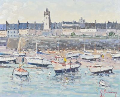 painting of boats in a harbor with a lighthouse in the background