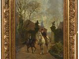 une peinture à l'huile représentant deux hommes à cheval sur un chemin