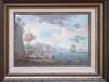 une peinture à l'huile représentant un bateau sur un plan d'eau près d'une rive