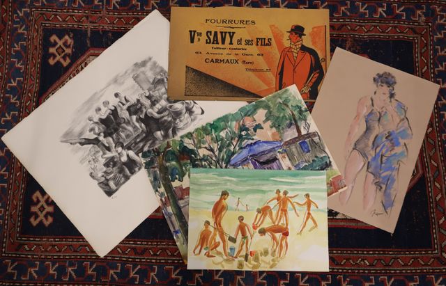 Beau lot d’art graphique dont aquarelle d’Andrée FAURE, pastel fe...