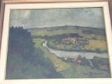 peinture représentant un paysage avec une rivière et un village au loin