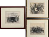 three black and white drawings of trees and buildings in a frame