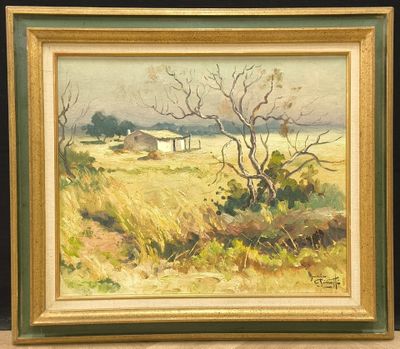 l'image d'une peinture représentant un champ avec une maison au loin