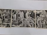 trois dessins en noir et blanc représentant des personnes et des animaux sur une feuille de papier