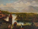 a painting on the wall of a building with a mountain in the background