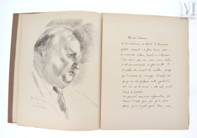 un livre ouvert sur lequel figure le dessin d'un visage d'homme et un poème écrit à la main