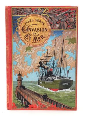 un vieux livre avec l'image d'un bateau sur l'eau