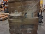 a large stack of boxes sitting on a pallet in a warehouse