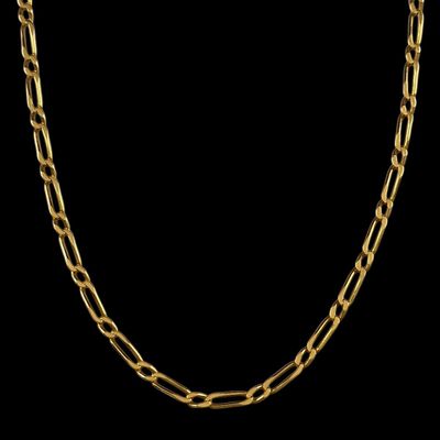 a gold chain necklace with a flat link on a black background