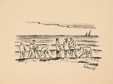 drawing of a group of people on a beach with a boat in the background