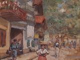painting of a woman walking down a street with a basket on her head