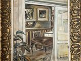 tableau représentant une pièce avec un piano et une chaise