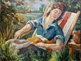peinture d'une femme assise sur une chaise et lisant un livre