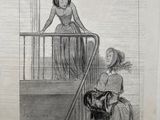 an old drawing of a woman standing on a staircase with a dog