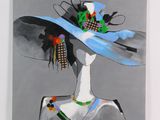tableau représentant une femme portant un chapeau et des fleurs dans les cheveux