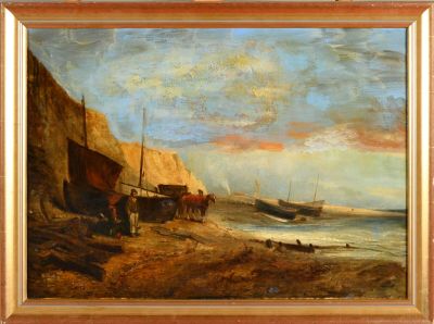 a painting of a painting of a boat on the water