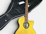 une guitare jaune et un étui noir sur fond blanc